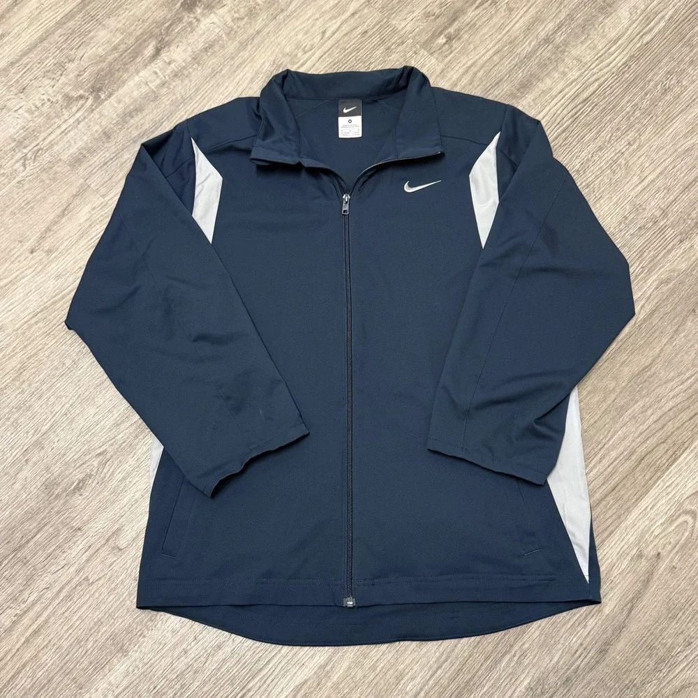 Nike Mens Full Zip Track Jacket Navy Blue White Swoosh Size M Windbreaker Warmup